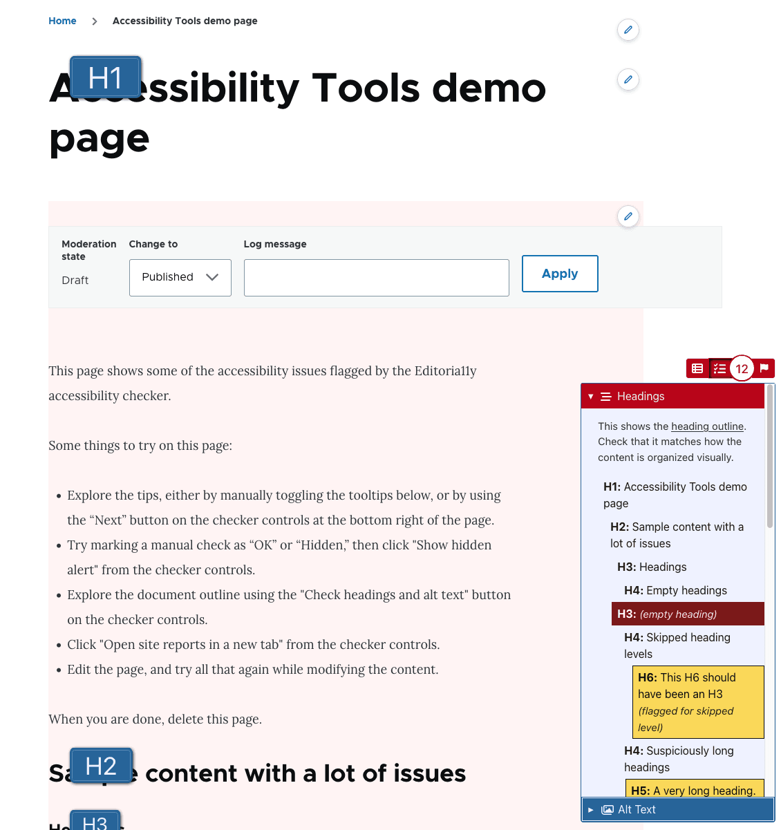 Snapshot of the Accessbility tool on Drupal CMS