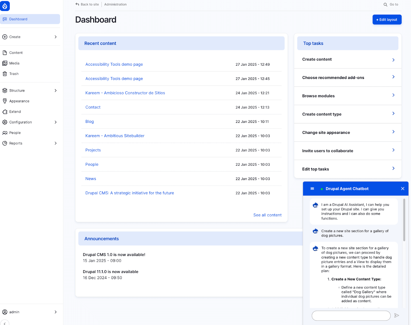 View of the Drupal CMS dashboard